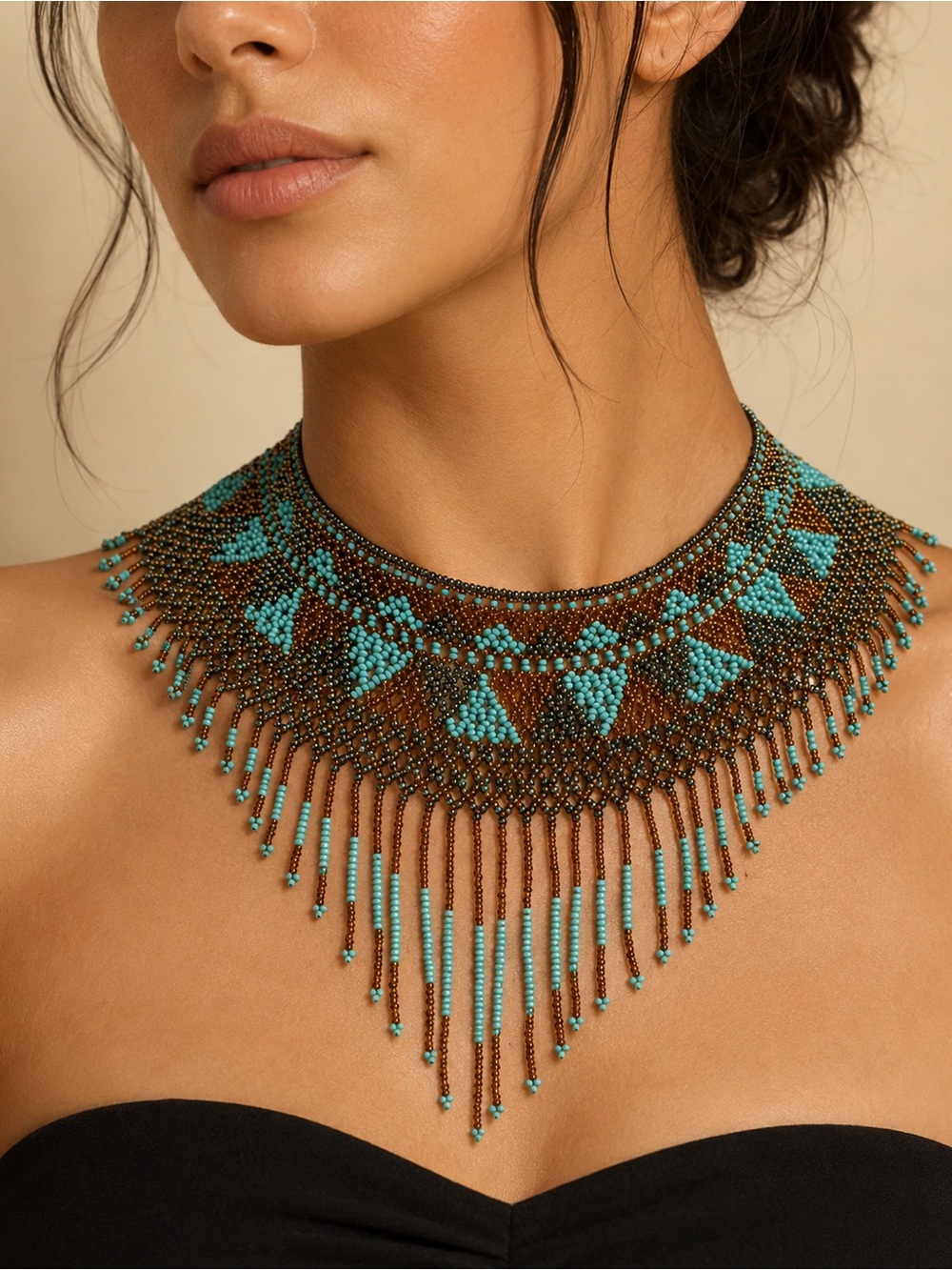 Turquoise & Brown Beaded Fringe Statement Necklace